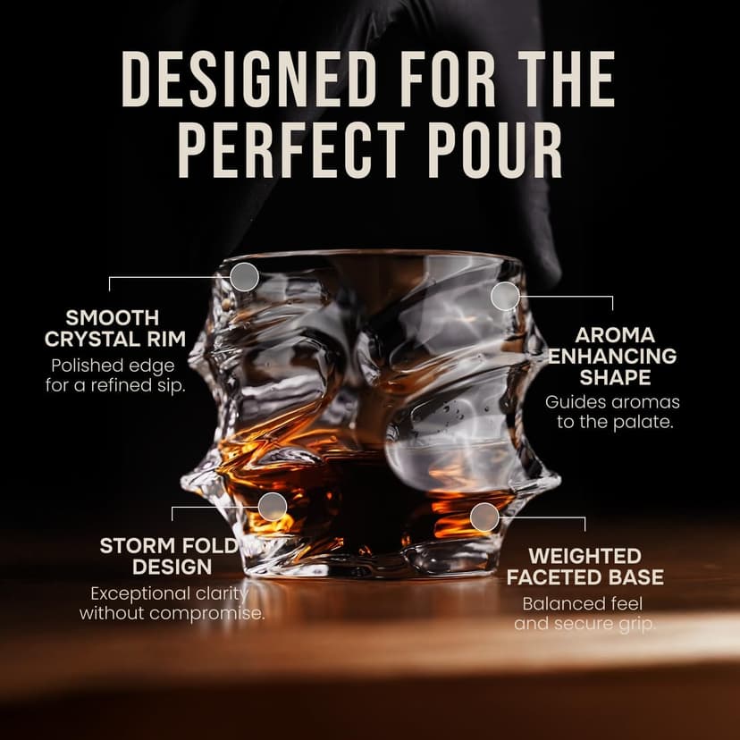 TSUKIGLASS® Storm Premium Japanese Crystal Whisky Glasses Set of 4 - Gift Ready Box, 100% Ultra Clarity Lead-Free Crystal, 10oz Tumblers for Bourbon, Scotch & Cocktails, Luxury Gift for Men