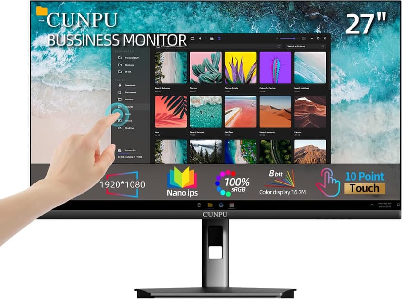 CUNPU 27 Inch Touchscreen Monitor, 10 Point Touch, FHD 1080P 60Hz Nano IPS Screen, 100% SRGB, VESA Wall Mountable, Tilt Adjustment, VGA HDMI for PC, Laptop Business & Work Station