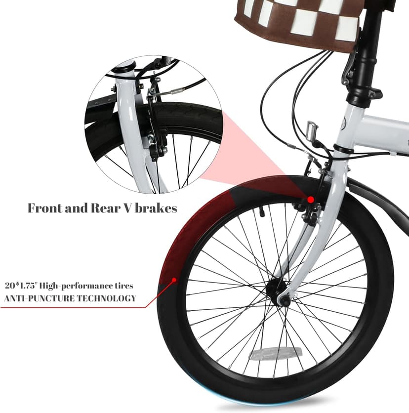 20 Inch Folding Bike with 7-Speed, Foldable Bikes for Adults, Lightweight Folding Bicycle with Basket, Fender, Front and Rear V-Brakes, Adjustable Seat
