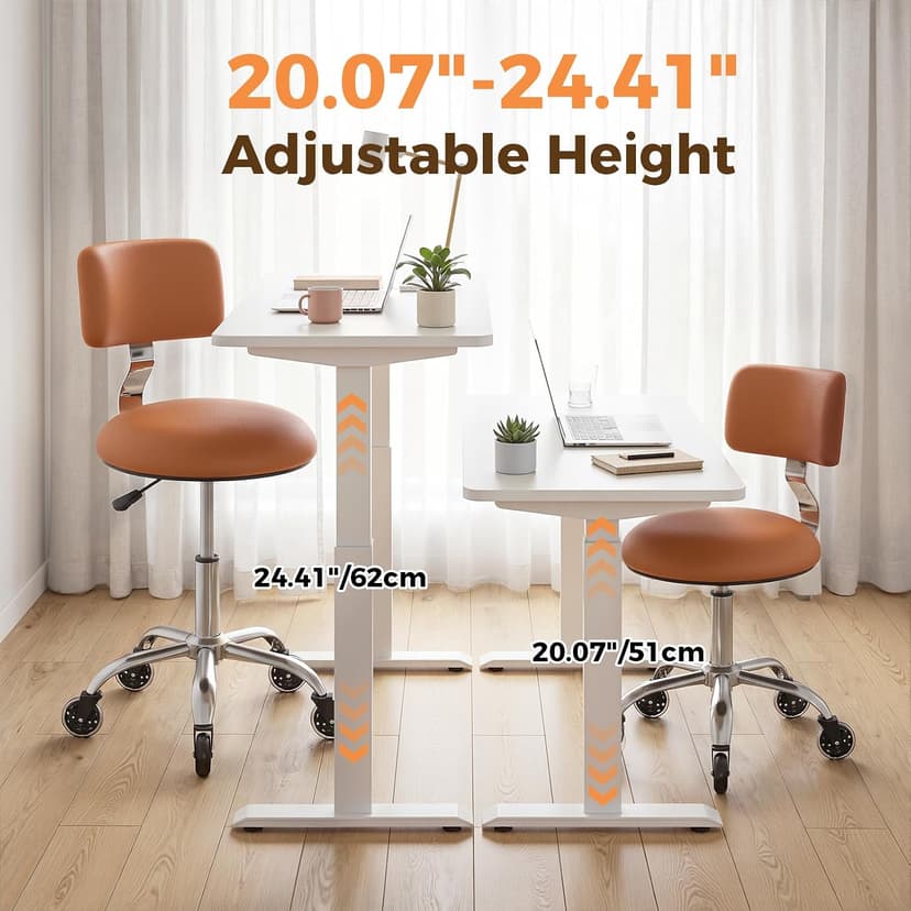 Rolling Stool Chair with Wheels, Office Drafting Chair with Back Support, Height Adjustable Standing Desk Stool with PU Leather Cushion for Home Office Kitchen Vanity Spa Garage Tattoo Dentist, Camel