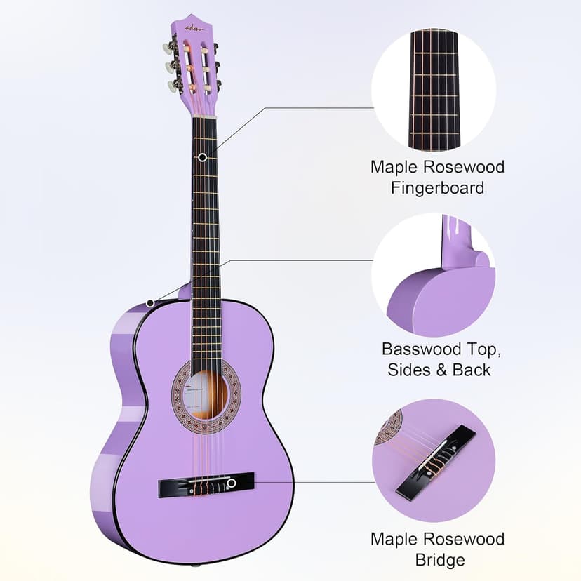 ADM Beginner Acoustic Classical Guitar 38 Inch Nylon Strings Wooden Guitar Bundle Kit for Kid Boy Girl Student Youth Guitarra Online Lessons with Gig Bag, Strap, Tuner, Strings, Purple
