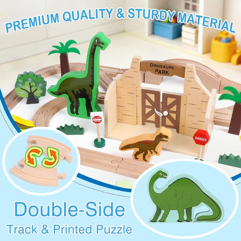 Wooden Train Set, Dinosaur Toys for Kids 3-5, Compatible with Major Brands, STEM Railway Playset, Ideal Wooden Train Track Set for 3 4 5 6 7 8 Year Old Kids Boy Girl
