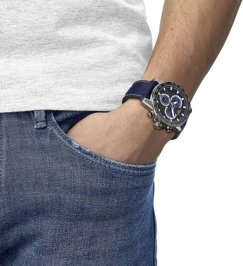 Tissot Mens Supersport Chrono 316L Stainless Steel case Swiss Quartz Watch, Blue, Black, Textile, 22 (T1256171705103)