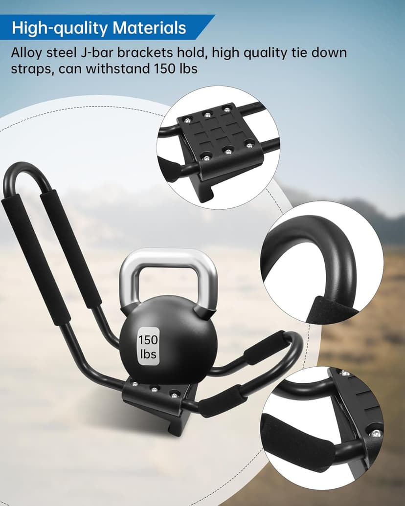 Kayak Roof Racks for 2 Kayaks Compatible with Cybertruck - Heavy Duty Kayak Rack Include Two Sets of Straps for Cars, Easy to Mount J-Bar Style Carriers for Canoes Kayaks Paddle Boards and Surfski