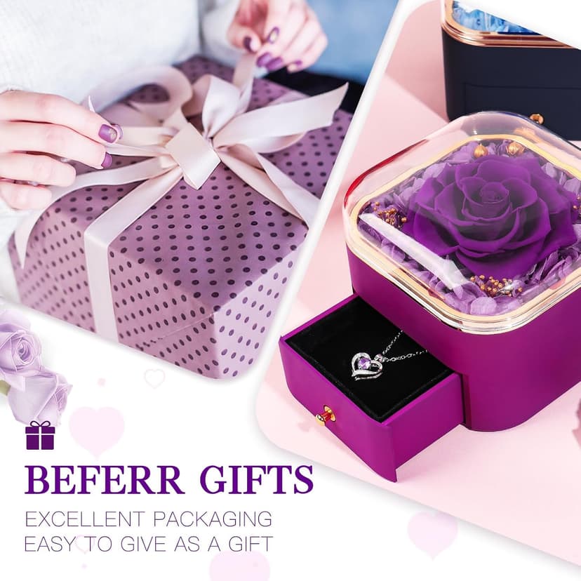Beferr Birthday Gifts for Women Mom Preserved Real Rose with Necklace Eternal Roses Fresh Flowers for Delivery Prime anniversary Purple Gifts for Grandma Wife Daughter Sister