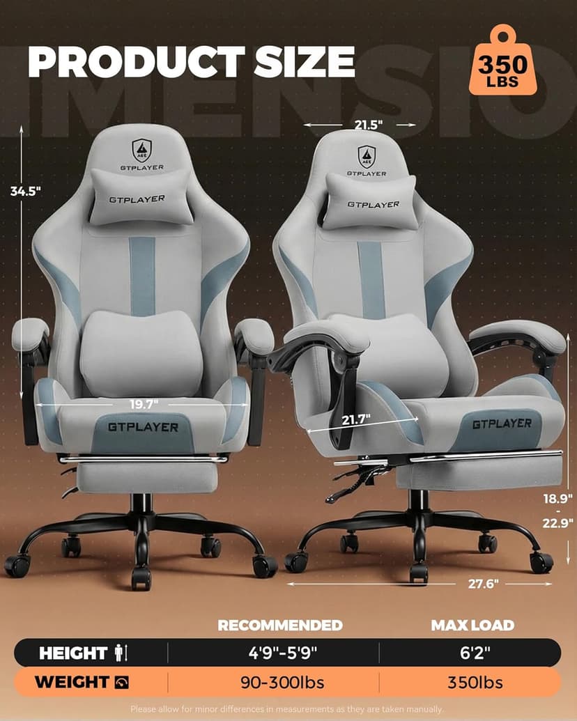 GTPLAYER Gaming Chair with Foot Rest & Pocket Spring Cushion, Ergonomic High Back Computer Desk Chair with Headrest & Lumbar Support for Back Pain Relief, Breathable Fabric, Mist-Blue