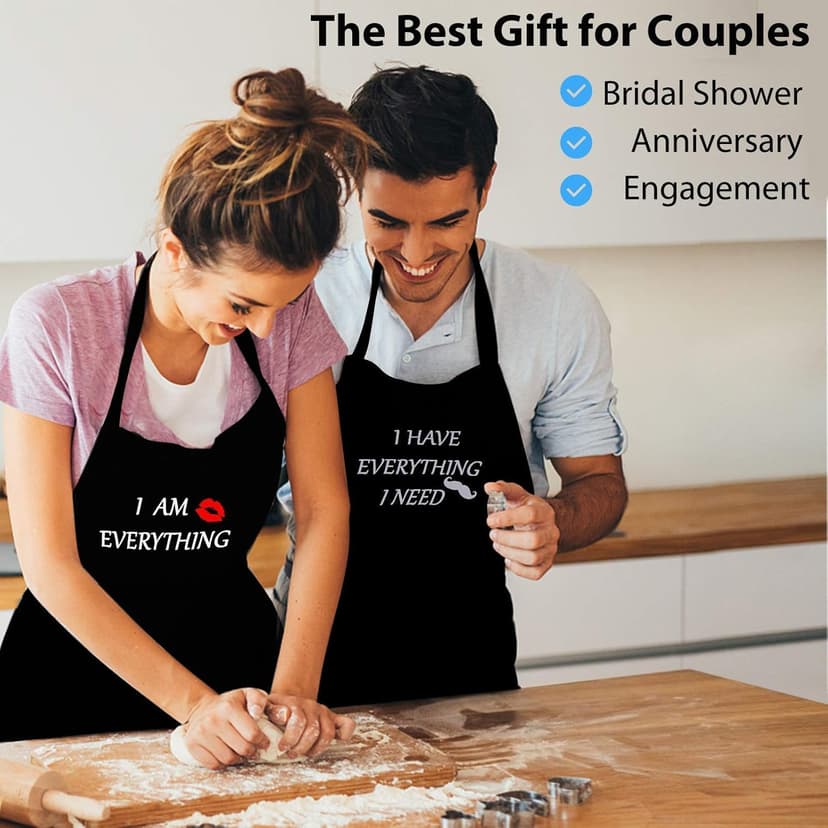YIKA® Apron Couples, Christmas Gifts for Couples: Waterproof Aprons for Women Men, with Adjustable Neck Strap with Extra Long Ties, 2 Pockets (Black)