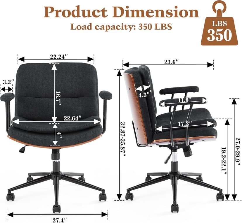 Home Office Desk Chair with Armrests & Wheels, Modern Walnut Swivel Rolling Executive Task Chair, Height Adjustable Ergonomic Computer Chair, Black Fabric