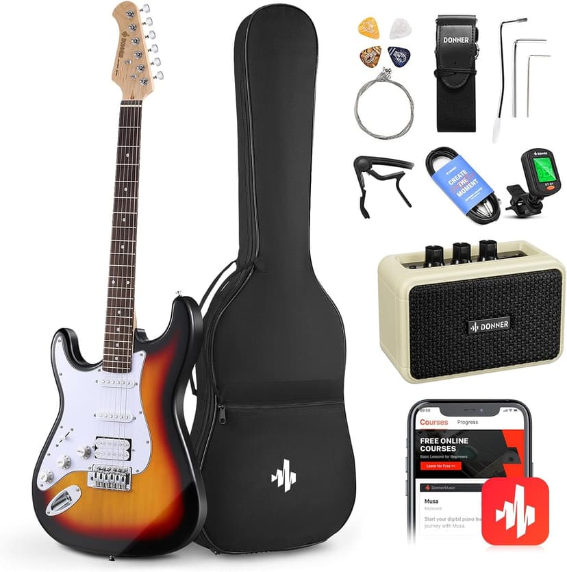 Donner 39 Inch Left-Handed Electric Guitar Kit Solid Body Sunburst Lefty Beginner Set Full-Size with Amplifier Online Lesson Bag Digital Tuner Capo Strap String Cable Picks DST-100SL