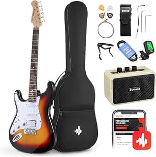 Donner 39 Inch Left-Handed Electric Guitar Kit Solid Body Sunburst Lefty Beginner Set Full-Size with Amplifier Online Lesson Bag Digital Tuner Capo Strap String Cable Picks DST-100SL