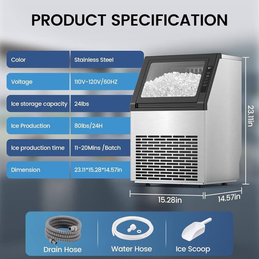Commercial Ice Maker Machine, 80Lbs/24H Under Counter Ice Maker, Freestanding with Ice Thickness Control & Stainless Steel, 36 Cubes in 15 Mins, 28Lbs Storage Capacity, for Home, Bar, Cafe, Offices