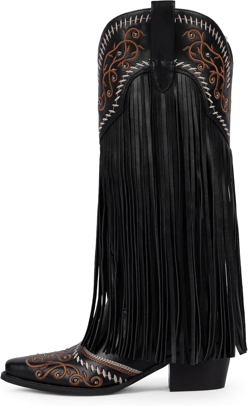 Modatope Cowboy Boots for Women Fringe Knee High Boots Embroidered Cowgirl Western Pointed Toe Chunky Heel Slip on Wide Calf Cowboy Boots