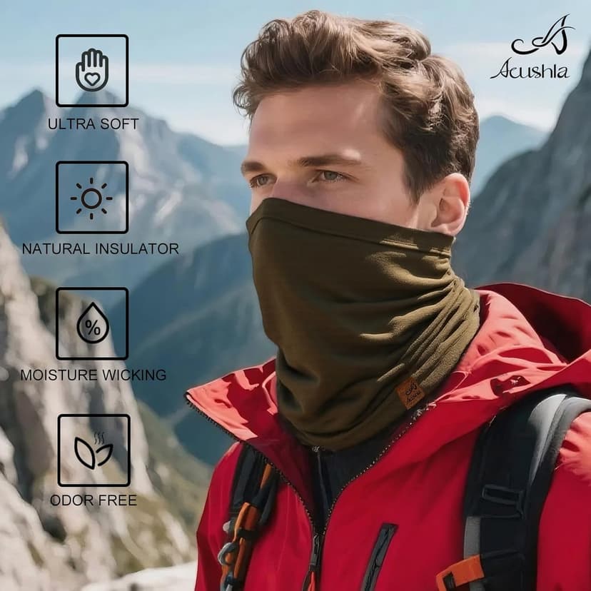 ACUSHLA 100% Merino Wool Neck Gaiter for Men & Women Ski Face Mask Winter Scarf Neck Warmer All Weather, Midweight Maple Leaf