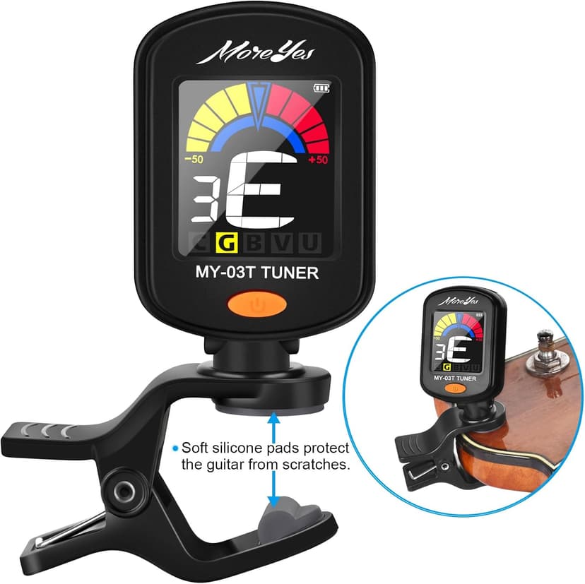 MOREYES Rechargeable Guitar Tuner Clip On with 28Pcs Guitar Picks, Guitar Tuner for Acoustic Guitar, Electric Guitar, Bass, Ukulele & Chromatic Tuning Modes, Full Color Display