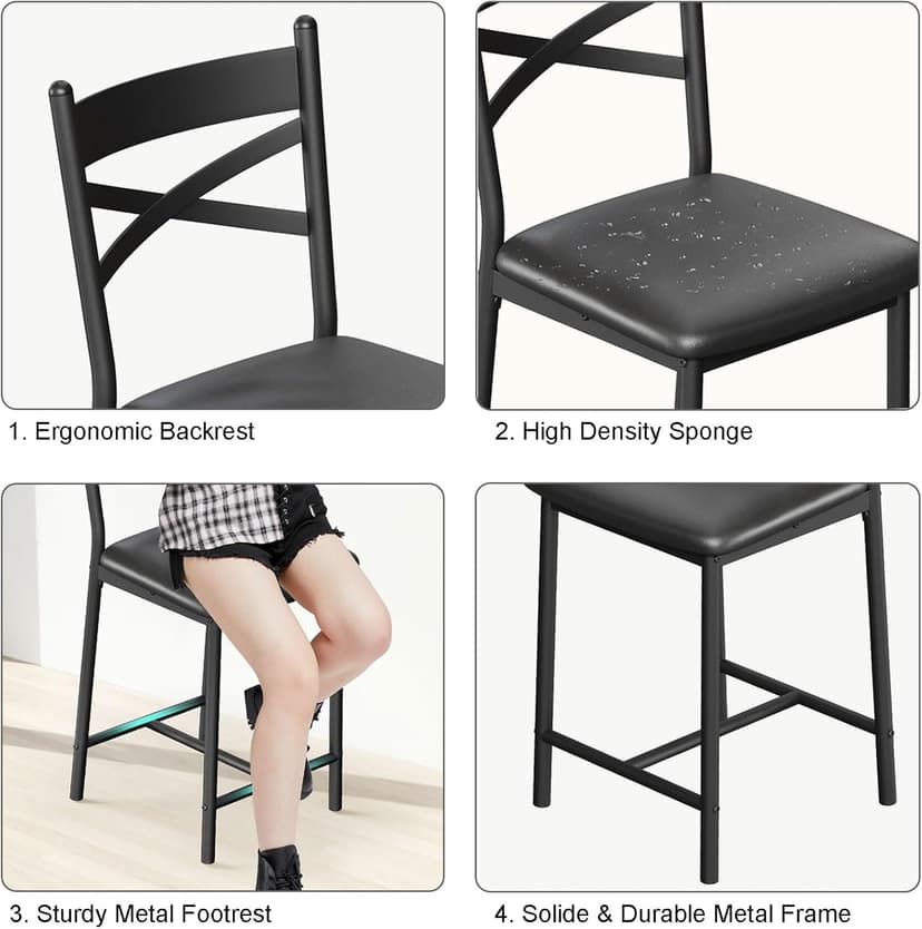 22" Bar Stools Set of 4, Counter Height Bar Stools with PU Upholstered Seat, Metal Frame Kitchen Bar Chairs with X-Design Back and Footrest for Kitchen Island, Counter Bar, Dining Room, Black