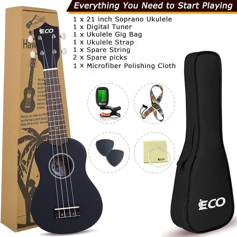 iECO Soprano Ukulele Beginner Kit Adults 21 Inch Ukelele w/Case Strap Tuner Strings Picks (Black)