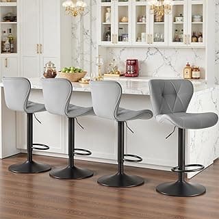 Sweetcrispy Modern Bar Stools Set of 4, Adjustable Faux Leather Upholstered Swivel Bar Stools, Counter Height Bar Chairs with Back for Kitchen Island, Grey