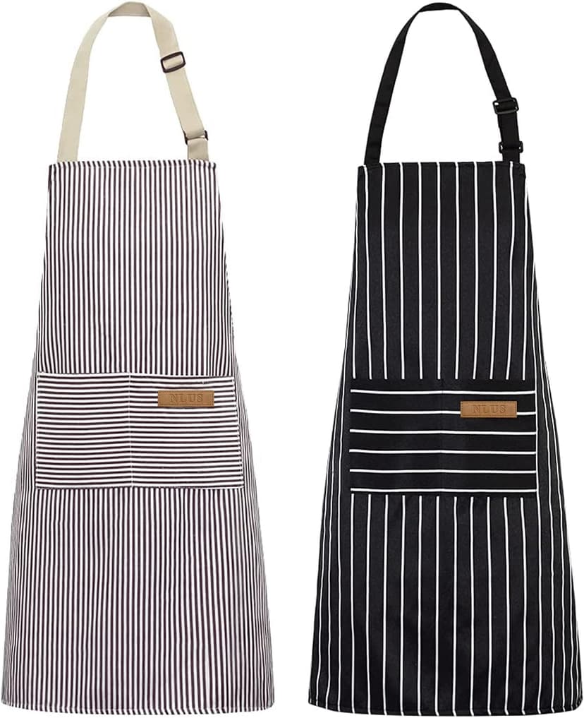 NLUS 2 Pack Kitchen Cooking Aprons, Adjustable Bib Soft Chef Apron with 2 Pockets for Men Women(Black/Brown Stripes) B08F79GXXM