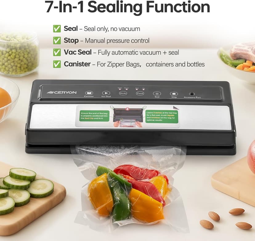 GERYON Vacuum Sealer Machine – Automatic Food Vacuum Sealer for Dry & Moist Food, Compact with LED Touch Panel, Includes Zipper Bags & Roll, Perfect for Sous Vide & Freezer Storage (Silver)