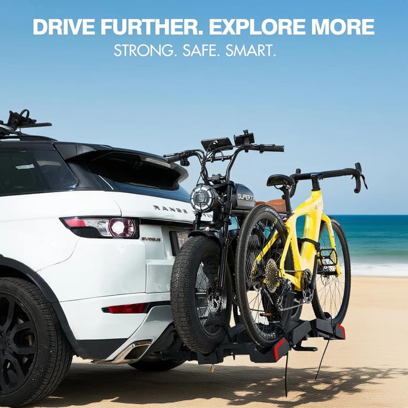 Ebike Rack with Ramp for 2 E-Bikes 200 lbs Capacity Fits 5" Fat Tire, Hitch Bike Rack for Cars SUVs Trucks with 2" Receiver, Foldable Tilting Locking No Assembly Needed E-Bike Platform Carrier