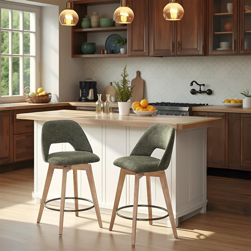 Zesthouse Swivel Farmhouse Bar Stools Set of 4, 26" Modern Counter Stools with Open Back & Natural Wood Legs, Upholstered Linen Fabric Counter Height Barstools, High Chairs for Island Kitchen, Green