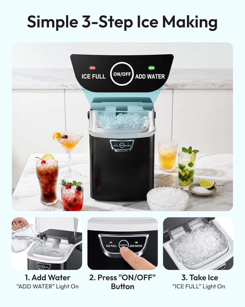 EUHOMY Nugget Ice Maker Countertop with Handle, Ready in 4 Mins, Max 40lbs/24H, Chewable Ice, Self-Cleaning, Portable Sonic Ice Maker with Basket and Scoop, for Home/Party/RV/Camping (Black)