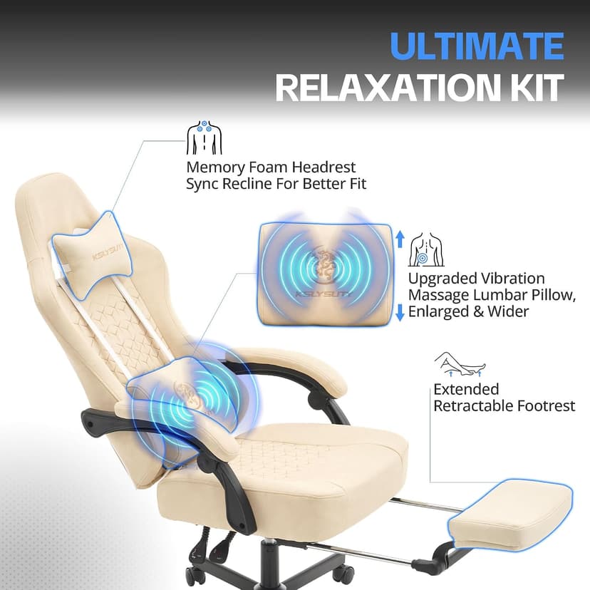 Gaming Chair Breathable Leather with Pocket Spring Cushion, Wide and High Ergonomic Office Chair with Headrest, Computer Gaming Chair with Footrest for Adult and Teen (Beige Leather)