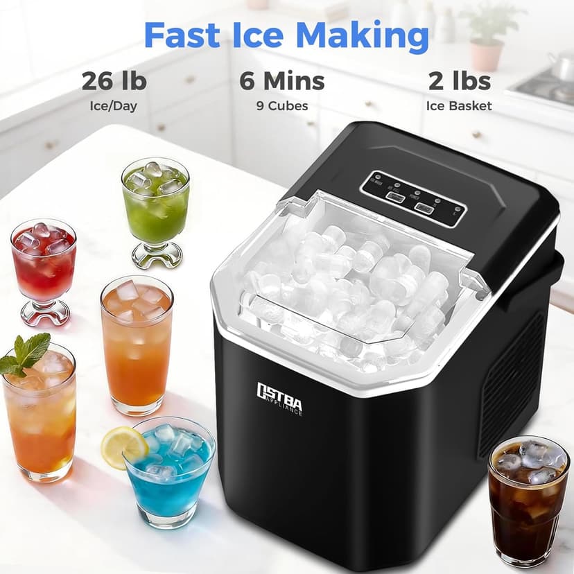 OSTBA Countertop Ice Maker Machine, Portable Ice Maker Makes 9 Bullet Ice Cubes in 6 Minutes, 26Lbs/Day Ice Makers Countertop with Self-Cleaning, Compact Mini Ice Maker for Home Kitchen RV Party