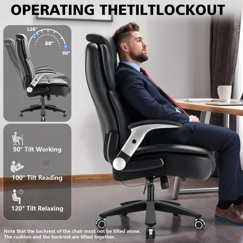 600lbs Big and Tall Office Chair, Heavy Duty Executive Desk Chair for Heavy People, Extra Wide PU Leather Computer Chair with 4" Adjustable Headrest & Air Lumbar Support