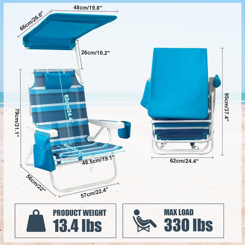 2 Pack Beach Chair with Canopy Shade, 5 Positions Lay Flat Textilene Reclining Beach Chair with Backpack Straps, Cooler Bag & Cup Holder for Outdoor Lawn Camping