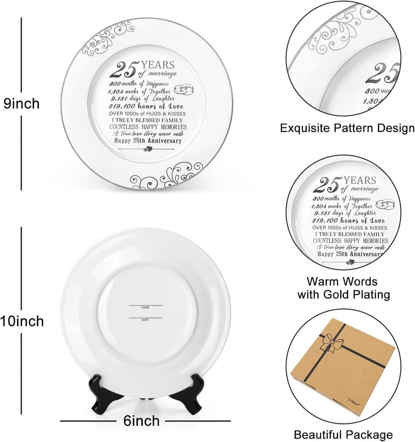 25th Anniversary Plate with Platinum Foil - Silver 25 Year Marriage Anniversary Wedding Gifts for Couple Her Him Husband Wife, 9"