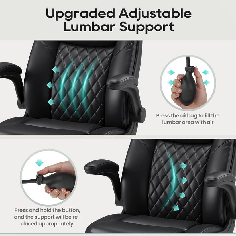 MALOL Leather Office Chair, Computer Desk Chair with Adjustable Lumbar Support, Thick Cushion, Flip-Up Arms and Ergonomic Back, Comfy Executive Office Chair for Home Office Gaming,Black