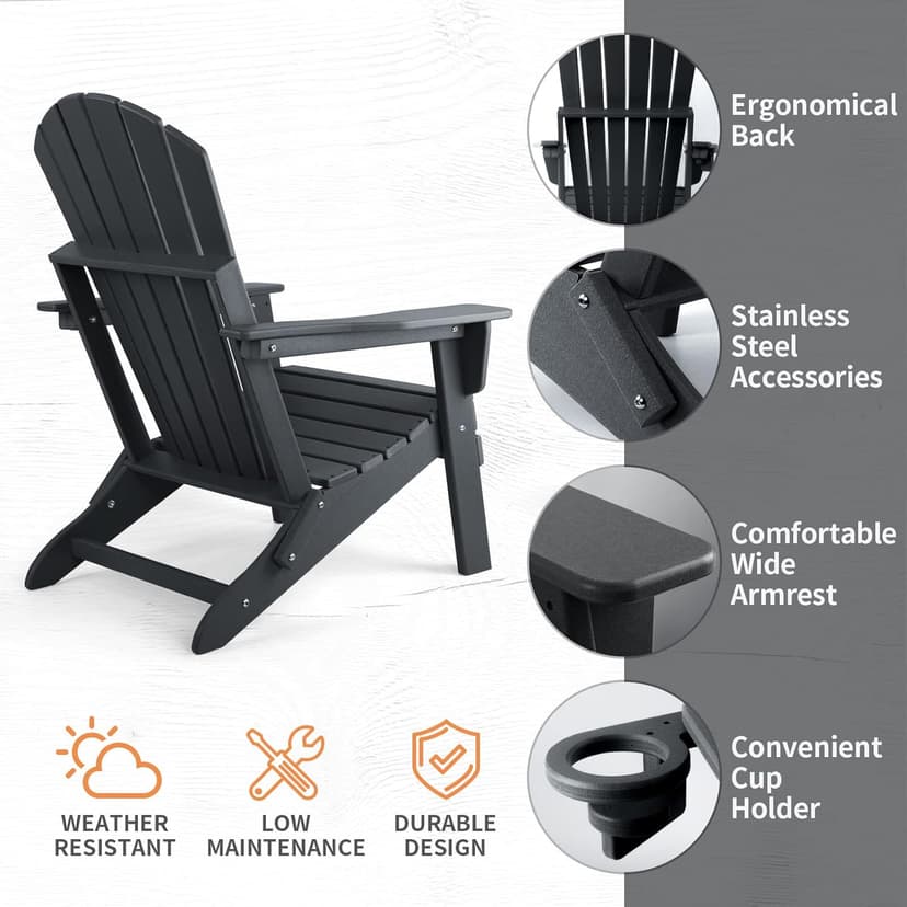 FUNBERRY Folding Adirondack Chair Set of 4, All Weather HDPE Fire Pit Chairs with Cup Holder for Outdoor