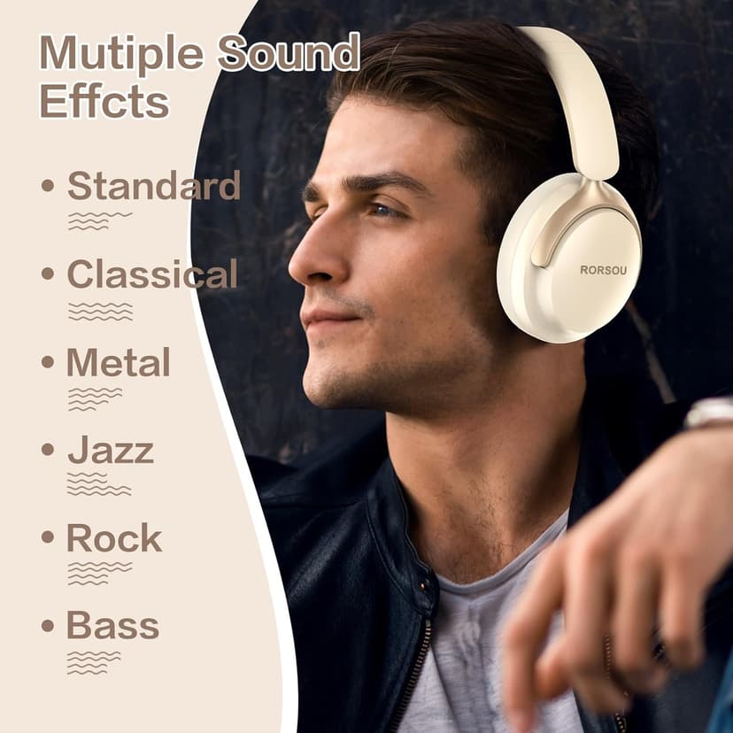 RORSOU B8 Bluetooth Headphones Over Ear, 6 EQ Music Modes and 50H Playtime Deep Bass Wireless Headphones with Mic, Lightweight Folding HiFi Stereo Headset for iPad/Travel/Tablet/PC/Home Beige White