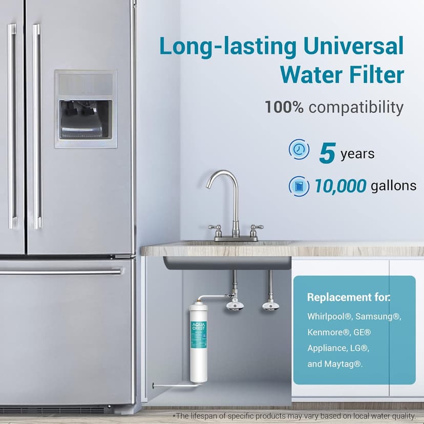 AQUA CREST INL-PLUS 5 years Inline Water Filter for Refrigerator and Ice Maker, High Capacity, 1/4-Inch Direct Connect Fittings, Easy Installation, Reduces Chlorine, Sediment, Bad Taste & Odor
