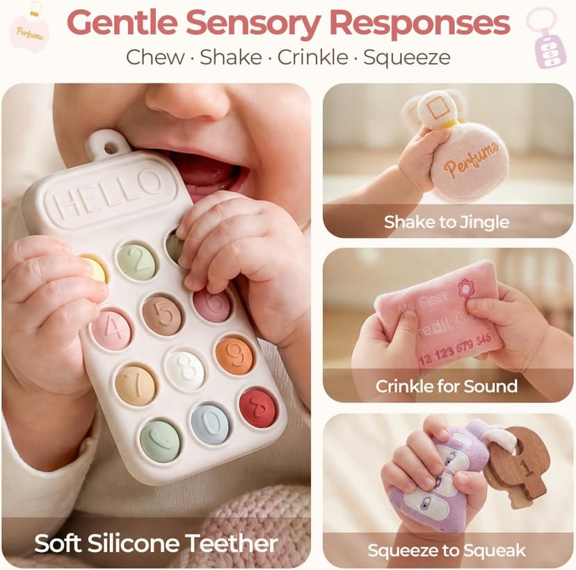 Teether Phone, Wooden Keys & Car Key, Soft Baby Purse with Mirror & Crinkle Card, Sensory Pretend Play, 1 Year Old Girl Gifts let's make My First Baby Purse, 10 Pcs Sensory Toy for Baby & Toddler Girls B0H151K19V