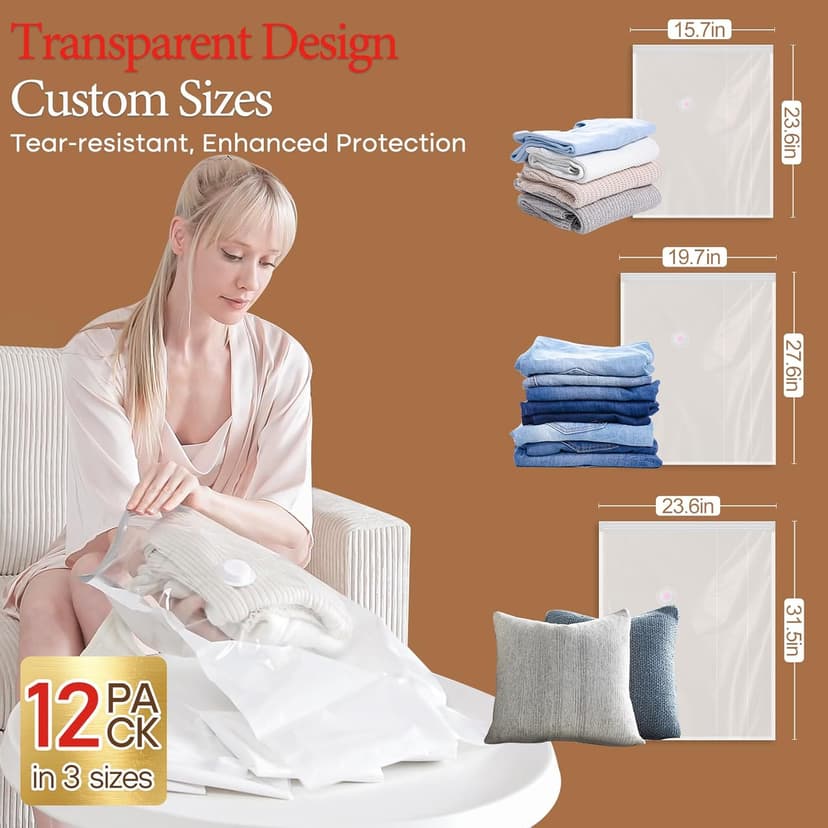 Travel Vacuum Bags with Rechargeable Cordless Air Pump, 12 Pack Vacuum Storage Seal Bags for Clothing(4 Large+4 Medium+4 Small), Compression Packing for Clothes Suitcase Luggage