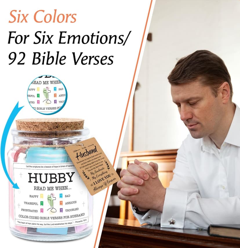 NewEleven Gifts For Husband - Husband Birthday Gift, Christian Gift For Him, Husbands - Anniversary Present For Him Hubby From Wife, Her - Decorative Glass Scripture Jar With 92 Bible Verse