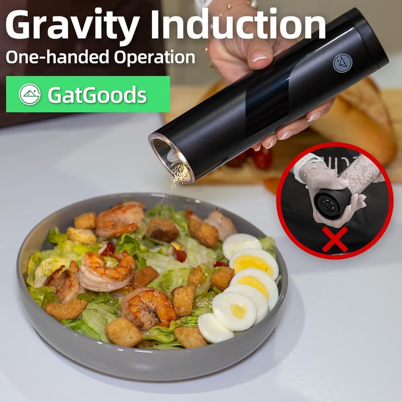 Gravity Electric Salt and Pepper Grinder Set, Adjustable Coarseness, Warm LED Light, One-handed Automatic Operation, Battery Powered, Black, Electric Pepper Mills