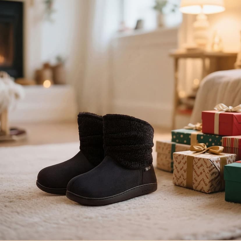 LongBay Women's Warm Chenille Knit Bootie Slippers Memory Foam Comfy Suede Fluffy Faux Fur Boots House Shoes