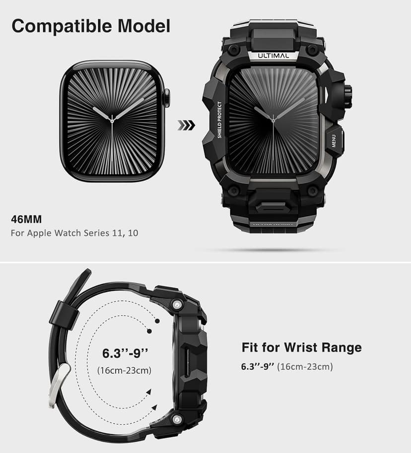 ULTIMAL Rugged Case with Band for Apple Watch 46mm,Compatible with Apple Watch Series 11/10, Military Grade Shockproof Bumper Cover for iWatch Tactical Band Men (Black, 46mm)