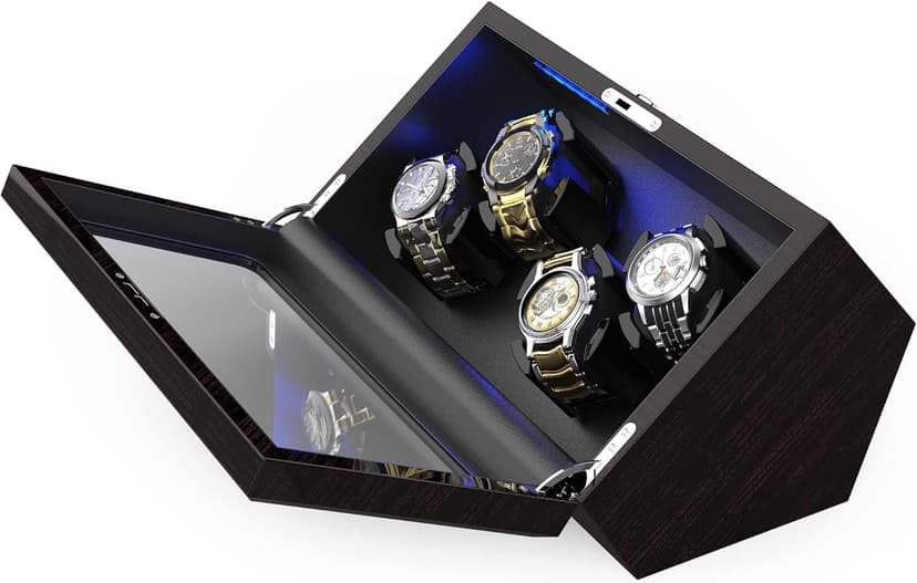 High End Watch Winder for Automatic Watches with Super Quiet Motor, Blue LED Light & Rotation Mode Setting, Watch Winder for Rolex with Flexible Pillow, Dual Power