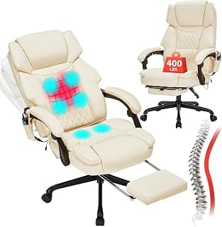 Massage Office Chair with Foot Rest 6 Points Vibration and Heat Home Office Desk Chairs for Heavy People 400lbs Reclining Managerial Chairs Ergonomic Executive Chair (Cream)