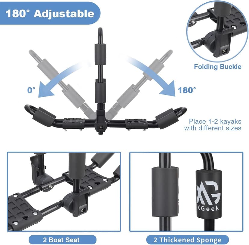 XGeek Kayak Roof Rack 4-in-1 Set of 2 for Kayak, Surfboard, Canoe and Ski Board Rooftop Mount Carrier Folding Adjustable Bilateral J-Style Rack on SUV, Car and Truck
