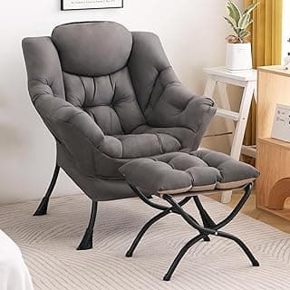 Lazy Chair with Ottoman, Modern Accent Chair Contemporary Sofa Chair with Armrests, Reading Chair and Folding Footstool Set for Living Room, Bedroom, Office, Dark Grey