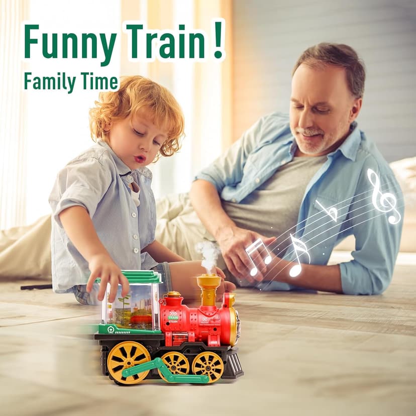 Electric Steam Train Toy for Toddlers 3-5,Bump and Go Truck w/Steam Locomotive,Smoke,Light & Sound, 360 Rotation Christmas Train Truck Toys Birthday Gift for Toddler 1 3 4 5 6 Year Old Boys Girls Kids