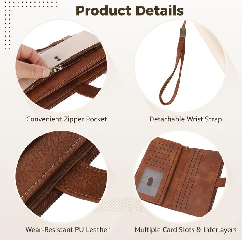 OMISTAR Women's RFID Blocking PU Leather Wallet, Trifold Clutch Purse with Wrist Strap, Multi-Compartment Credit Card Holder with Zipper Pockets for Cash, ID, Coins, Travel Essentials