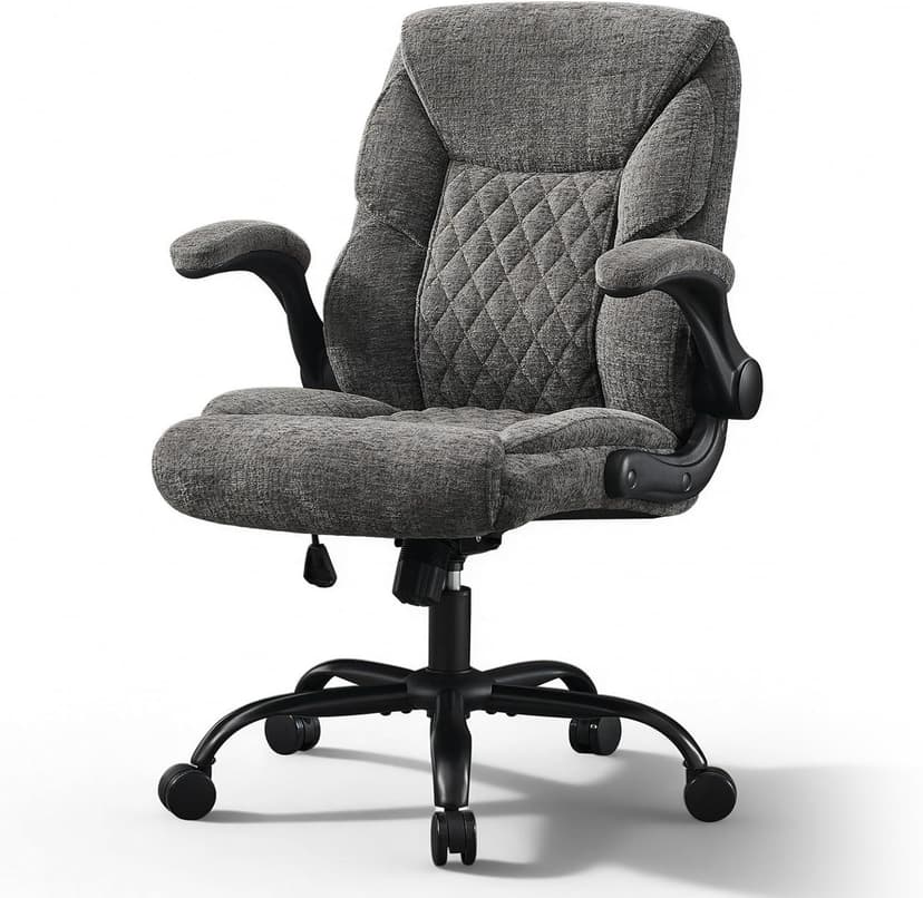 Cloth Office Chair Mid Back Ergonomic Computer Chair Comfortable Fabric Padded Home Office Desk Chairs with Flip-up Arm Rest Adjustable Height Swivel Wheels for Short People Use | Grey