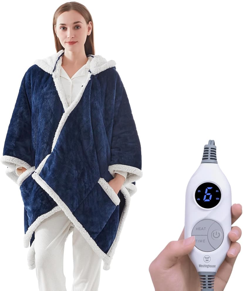 Electric Shawl Wrap with Pockets, Wearable Heated Poncho Hoodie with 6 Heating Levels & 2-10 Hours Auto Shut Off, Home Office Westinghouse Wearable Heated Throw Blanket Flannel Sherpa 50x60 Inch Navy B0CSS5PQ42