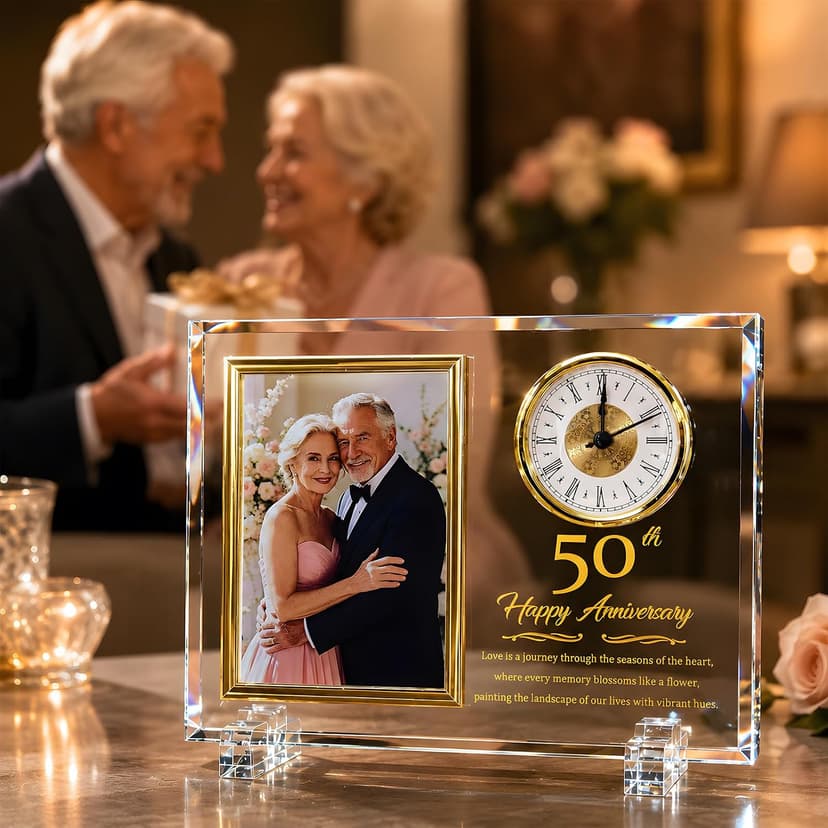 Dxaeqr 50th Wedding Anniversary Keepsake for Couples, Crystal Glass Photo Frame Clock, Golden Anniversary Present for Parents Grandparents Wife Husband, Holds 4x6 Photo B0G6WN24TD